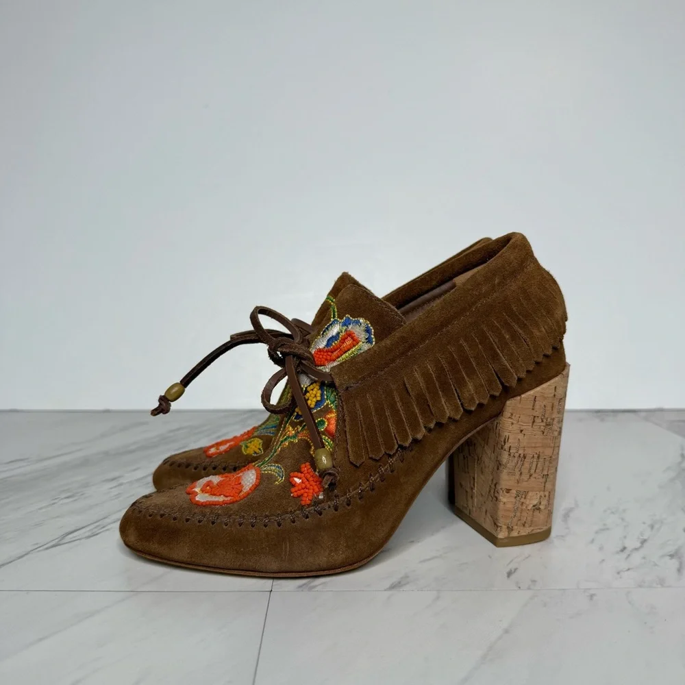Tory Burch Huntington Fringe Brown Suede Beaded Bootie 5M